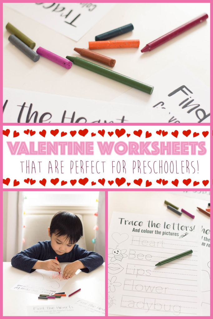 3 Valentine’s Day themed worksheets that are the perfect boredom buster for your preschooler. This 3-pack of activities help with fine motor skills: they encourage tracing, shape recognition and coloring within the lines.