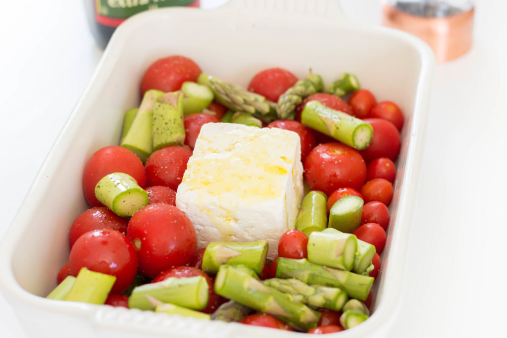 Hopped on the viral baked feta pasta challenge… and you know what? So. Worth. It. Check out our delicious variation with cherry tomatoes, asparagus, feta, and fettuccine.