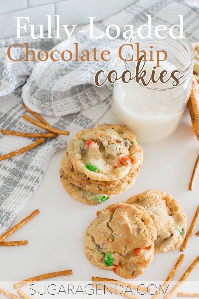 On days when you want to indulge myself, these Fully Loaded Chocolate Chip Cookies are the answer. These cookies are stuffed with all the goodies. They have your usual chocolate chips but they’re also jam packed with pretzels, M&Ms AND shredded coconut.