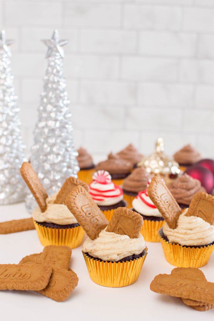 Our Biscoff Cupcakes are made up of a chocolate cupcake base, and topped with Biscoff buttercream – a frosting that’s luscious, smooth, and jam-packed full of flavor!